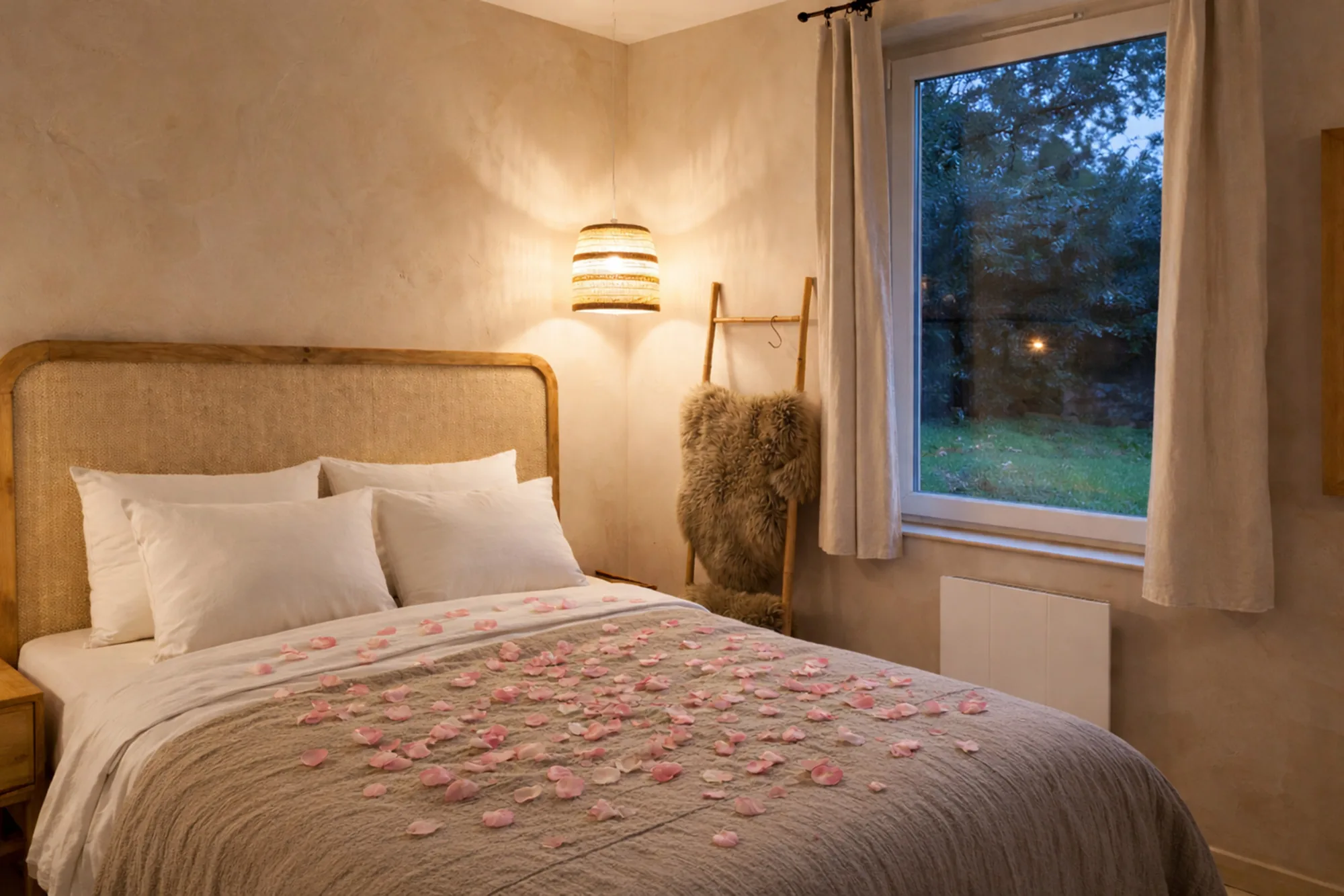 Chambre lit queen size pétales de roses